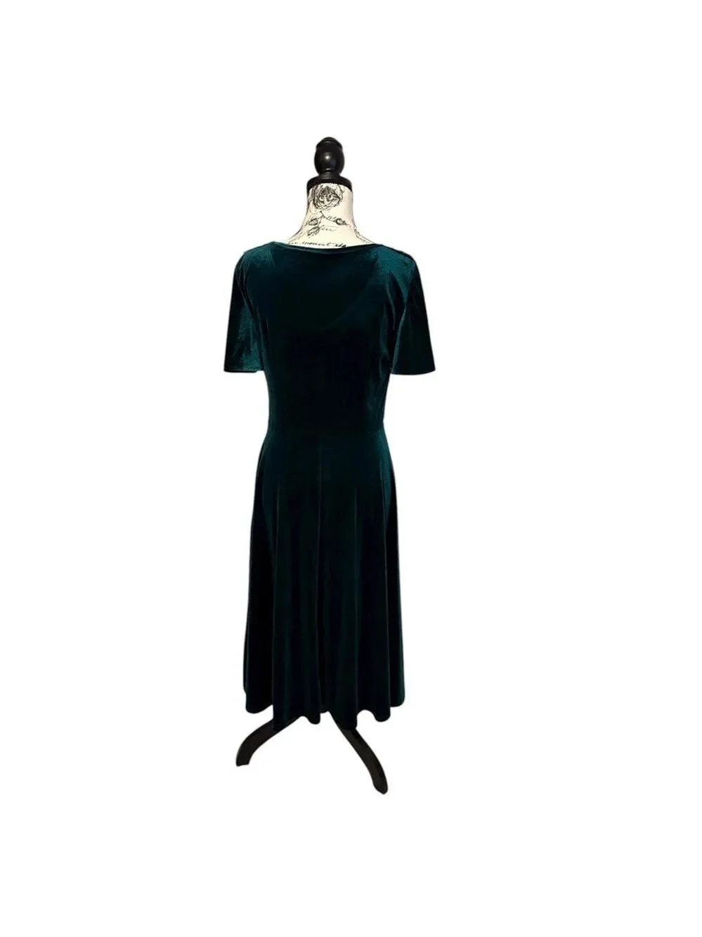Elegant Green Velvet Dress Sequin Flutter Sleeves Size L - Picture 4 of 6